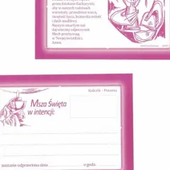 Ilustracja przedstawia kartkę z napisem "Msza Święta w intencji" oraz rysunek dłoni trzymającej kielich.