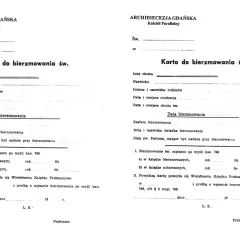 Karta do bierzmowania św. z Archidiecezji Gdańskiej, zawiera dane kandydata, rodziców, świadków i datę sakramentu.