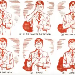 Ilustracja pokazuje chłopca w garniturze, który uczy, jak prawidłowo się przeżegnać, krok po kroku: od złożenia rąk, przez dotykanie czoła, piersi, po zakończenie modlitwy.