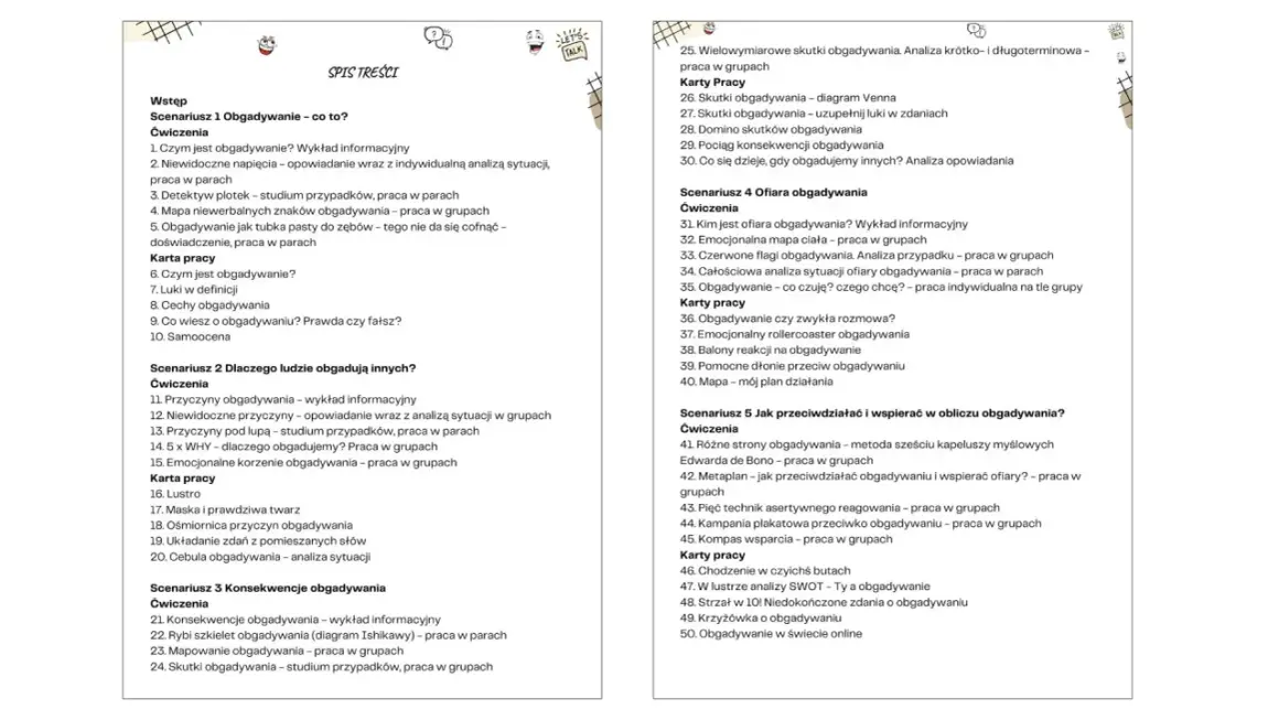 Spis treści: Scenariusz 1: Czy obgadywanie to grzech? Analiza przyczyn, skutków i konsekwencji. Ćwiczenia i karty pracy.
