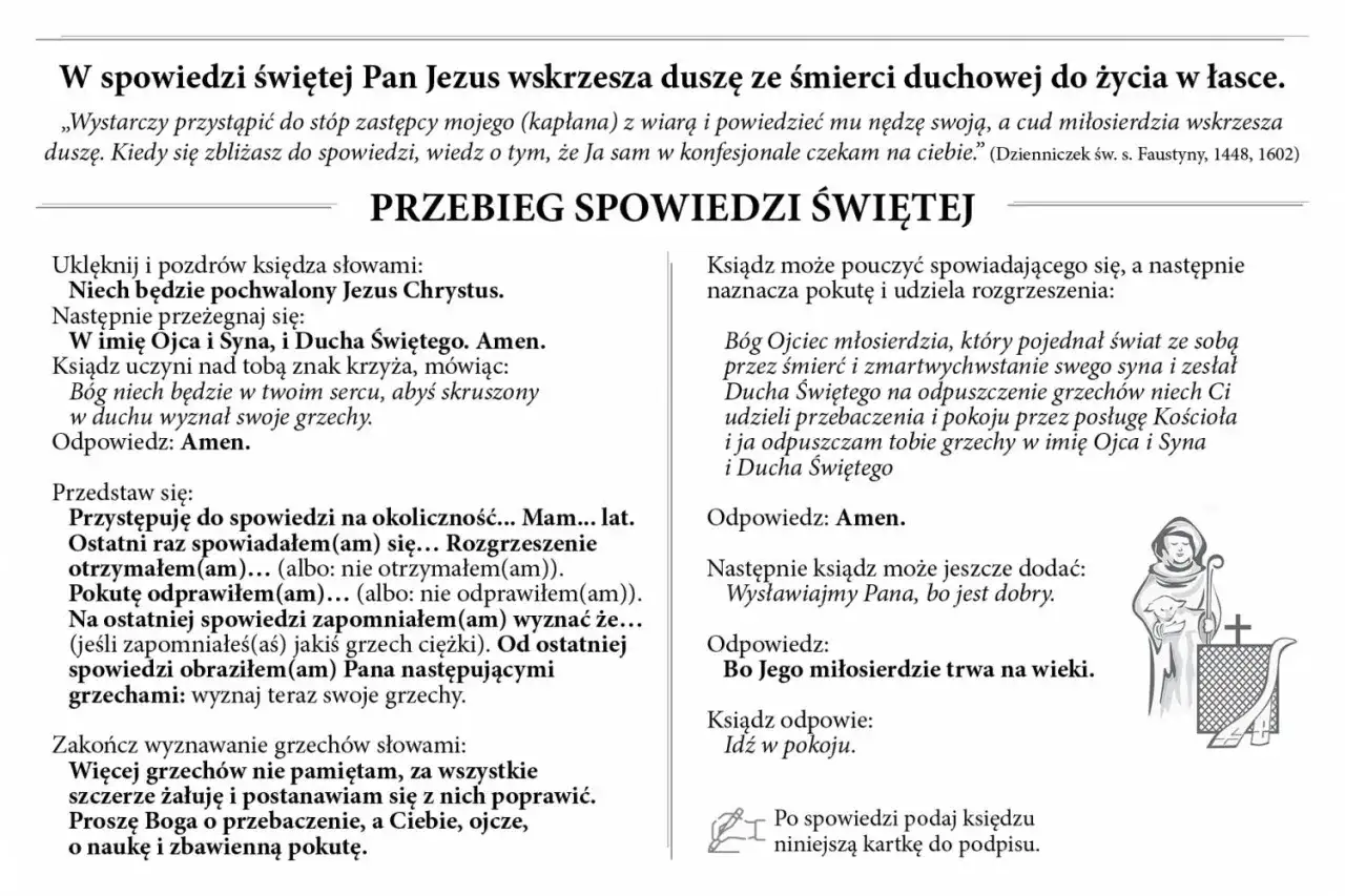 Tekst o przebiegu spowiedzi świętej, podkreślający, czy spowiedź powszechna jest ważna, z modlitwami i wskazówkami.