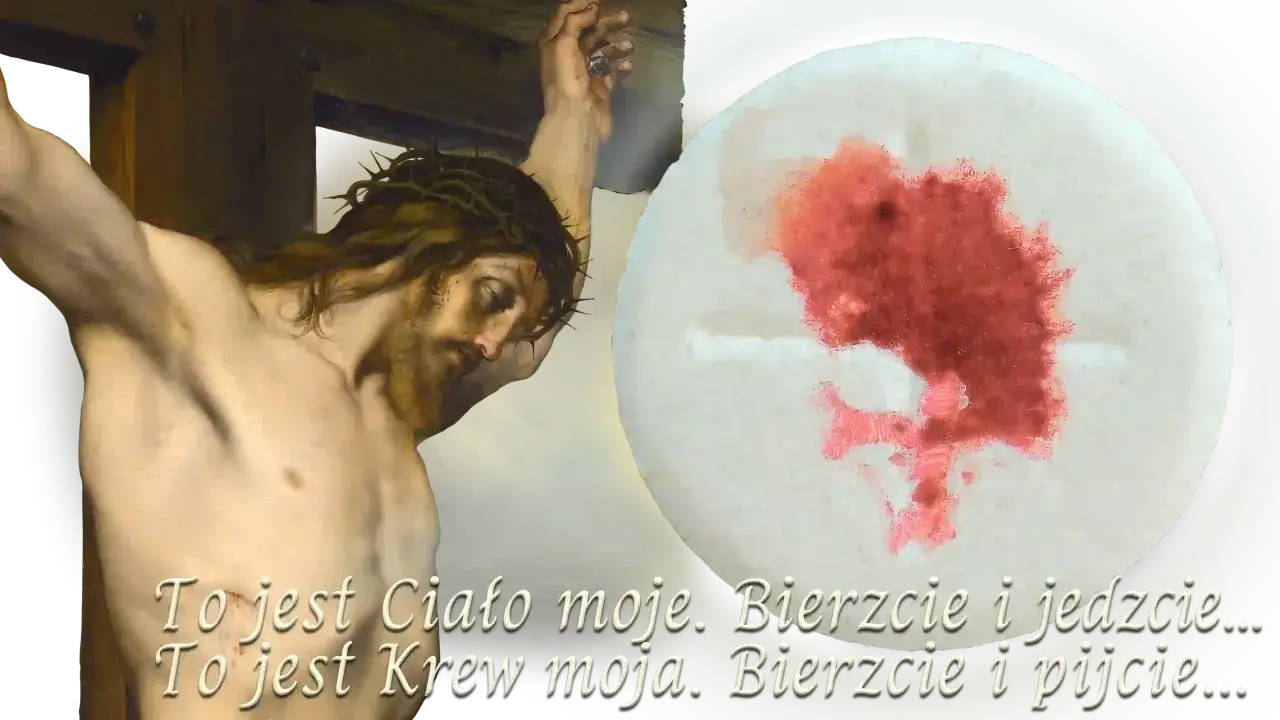 Obraz przedstawia ukrzyżowanego Jezusa i hostię z krwią. To jest Ciało moje. Bierzcie i jedzcie... To jest Krew moja. Bierzcie i pijcie... po eucharystyczny grzech ciężki.