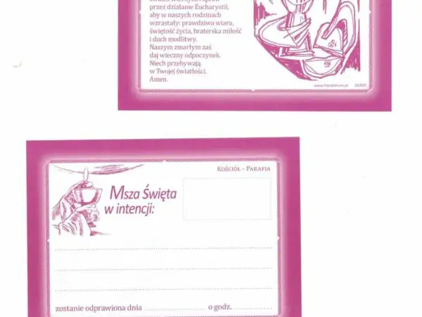Ilustracja przedstawia kartkę z napisem "Msza Święta w intencji" oraz rysunek dłoni trzymającej kielich.