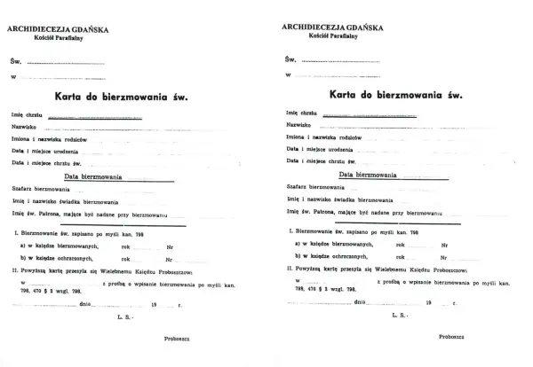 Karta do bierzmowania św. z Archidiecezji Gdańskiej, zawiera dane kandydata, rodziców, świadków i datę sakramentu.