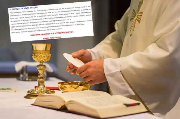 Ksiądz trzyma hostię nad kielichem podczas mszy. Obok leży otwarta księga.